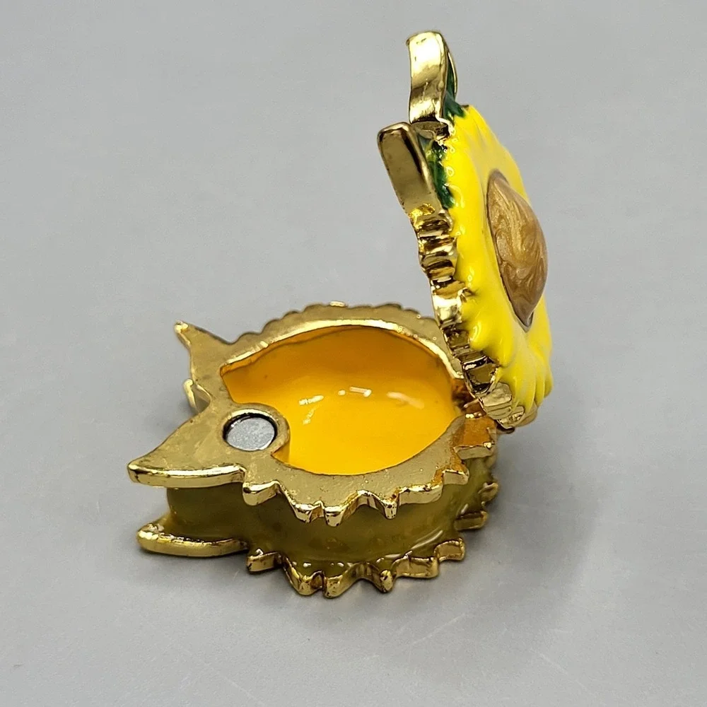 Work of Art Sunflower Trinket Pill Box Enamel Magnetic Shel Decor Gold Yellow